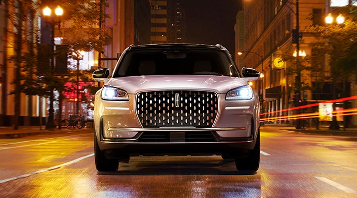 The striking grille of a 2024 Lincoln Corsair® SUV is shown. | Irwin Lincoln Laconia in Laconia NH